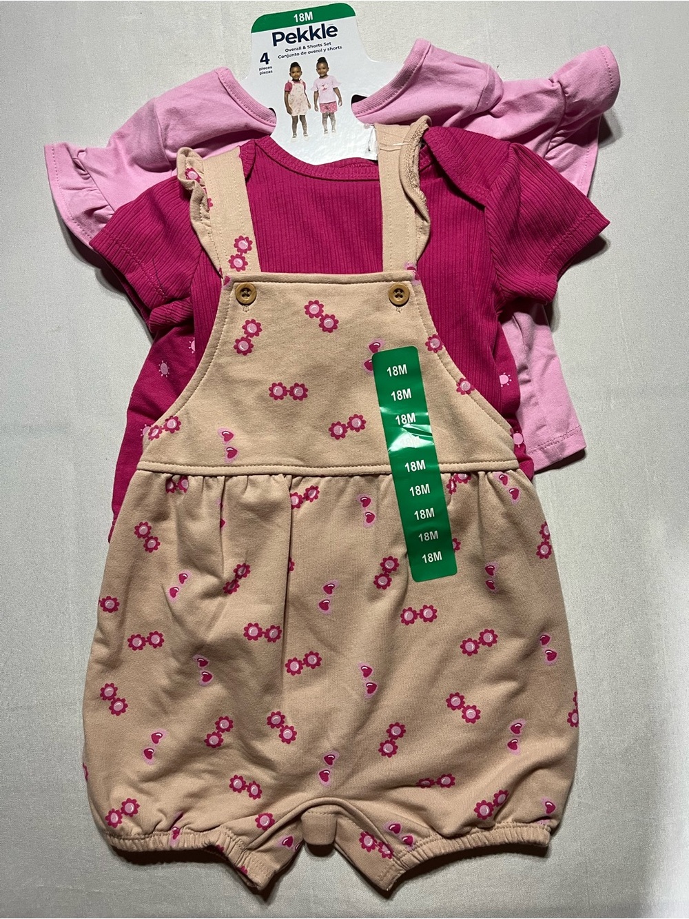 Baby Girls 18M Pink Floral Overall Romper Shorts Set - Pink & Light Pink